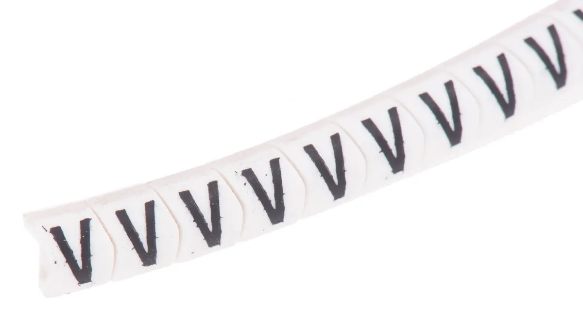 Produktfoto 1 von HellermannTyton Helagrip Kabelmarkierung Aufschiebbar, Beschriftung: V, Schwarz Weiß, Ø 2 mm - 5 mm, 3.5 mm x 4.3 mm