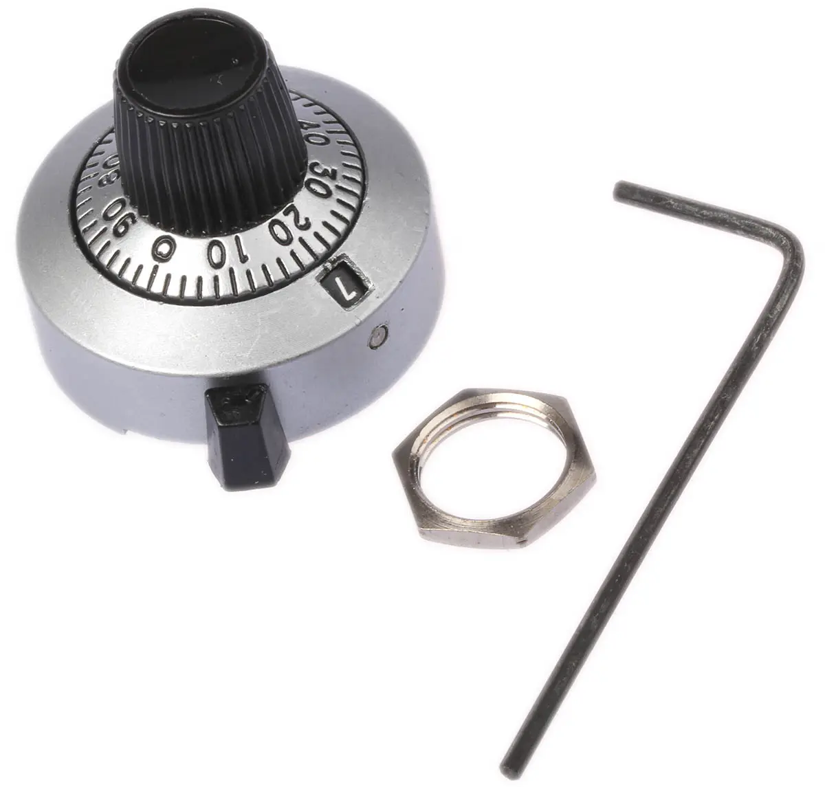 Produktfoto 1 von Vishay Potentiometer Drehknopf Chrom, Zeiger Schwarz Ø 25.4mm x 22.2mm, Rund Schaft 6.35mm