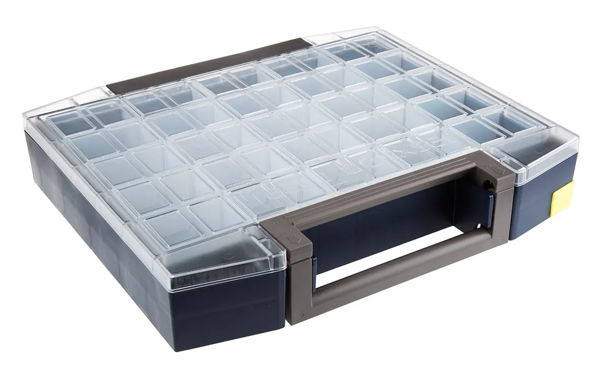 Produktfoto 1 von Raaco Kleinteilebox, Polycarbonat, Polypropylen Grau, 25 Fächer Verstellbare Fächer, 78 mm x 421 mm x 361 mm
