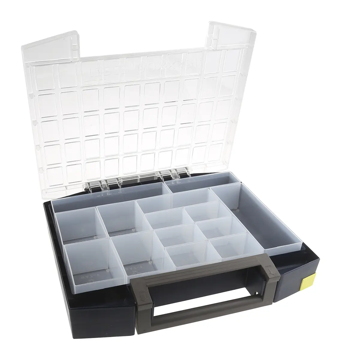 Produktfoto 1 von Raaco Kleinteilebox, Polypropylen, Polycarbonat Blau, 14 Fächer, 78 mm x 421 mm x 361 mm