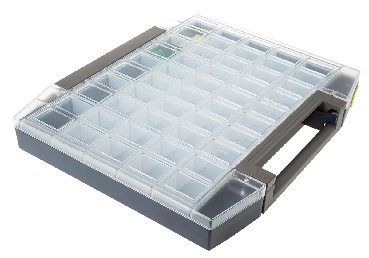 Produktfoto 1 von Raaco Kleinteilebox, Polypropylen, Polycarbonat Grau, 45 Fächer, 55 mm x 421 mm x 361 mm