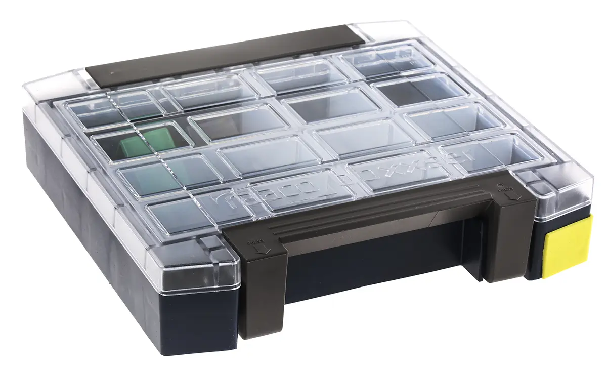Produktfoto 1 von Raaco Kleinteilebox, Polypropylen, Polycarbonat Blau, 9 Fächer, 55 mm x 241 mm x 225 mm