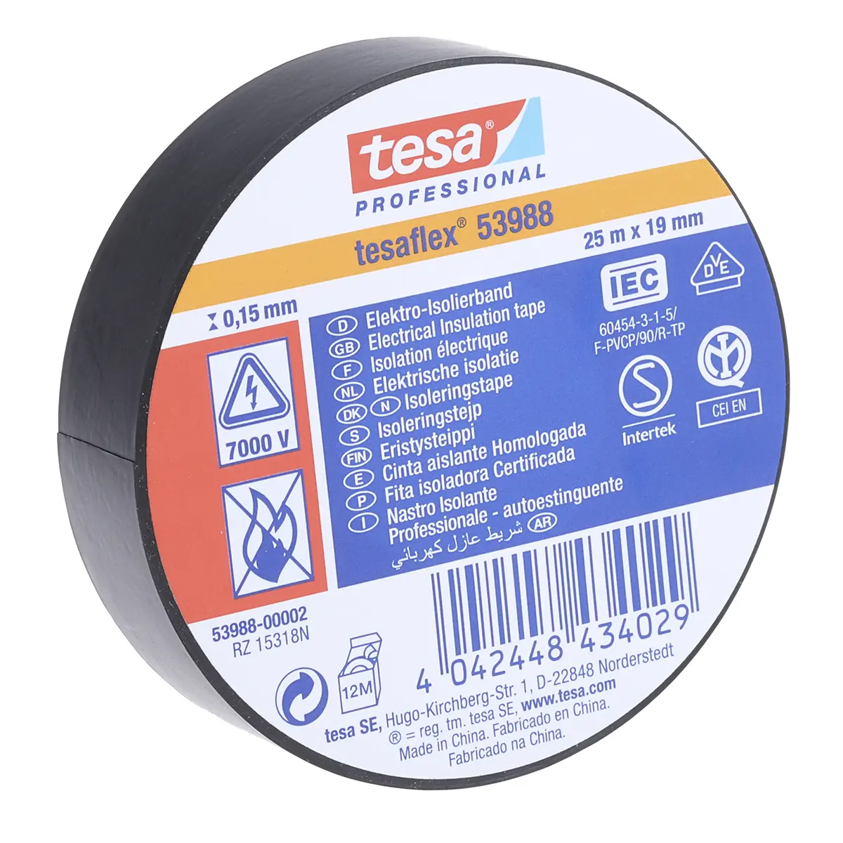 Produktfoto 1 von Tesa Tesa 53988 Polyvinylchlorid Isolierband Schwarz,  Stärke  150 mm x 19 mm x 25 m, 25 °C bis 90 °C