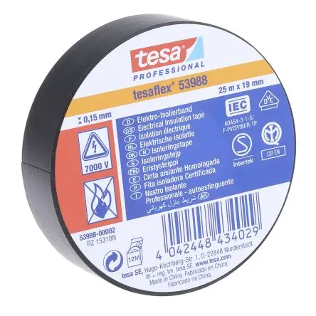 Tesa Tesa 53988 Polyvinylchlorid Isolierband Schwarz, Stärke 150 μm x 19mm x 25 m, 25 °C bis 90 °C