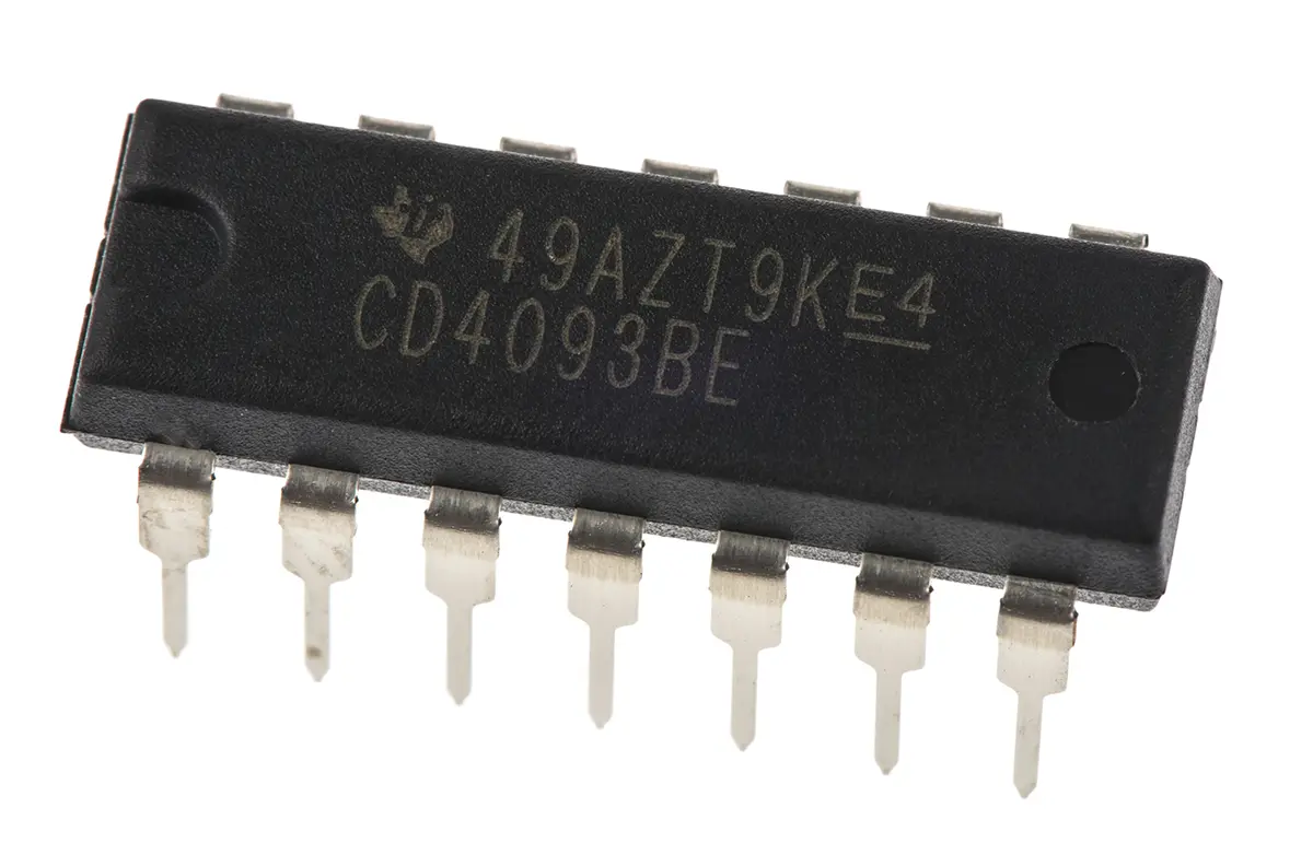 Produktfoto 1 von Texas Instruments Logikgatter, 4-Elem., NAND, 4000, 4.2 mA, 14-Pin, PDIP, 2 Schmitt-Trigger-Eingang