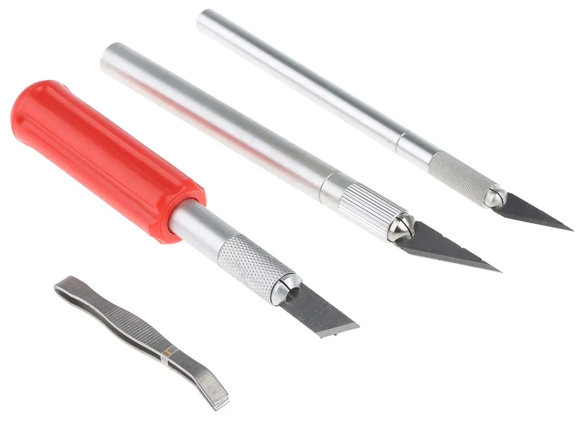 Produktfoto 1 von RS PRO Bastelmessersatz Bastelset Kunststoff, Aluminiumlegierung (Rohr) Diagonal, Flach, Abgerundete Kante, Vierkant mit