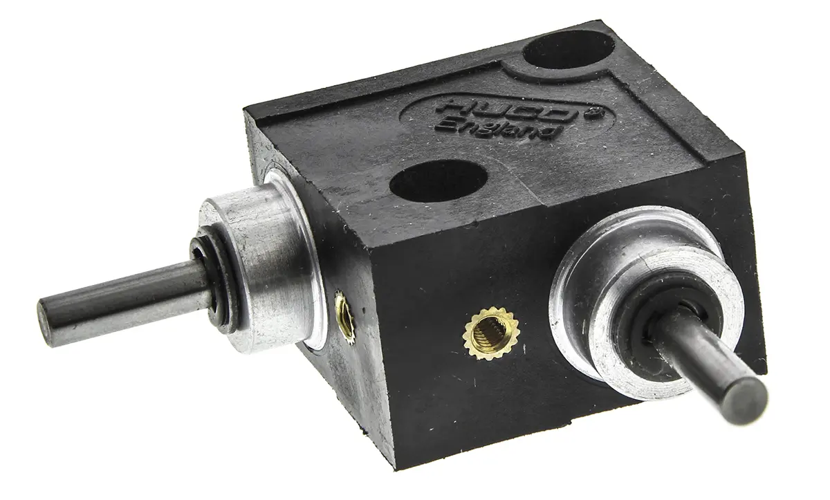 Produktfoto 1 von Huco 1:1 L-Typ Getriebe / 0.11 Nm 1000rpm, Schaft-Ø 4 mm, 30.5 mm x 18.7 mm x 30.5 mm