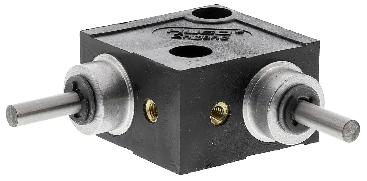 Produktfoto 1 von Huco 1:1 L-Typ Getriebe / 0.68 Nm, Schaft-Ø 4 mm, 30.5 mm x 18.7 mm x 30.5 mm