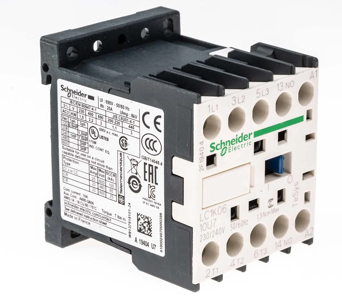 Produktfoto 1 von Schneider Electric TeSys K Schütz 230V ac-Spule, 3-polig, 690V ac / 6 A 240V 2.2 kW 3 Schließer Motorsteuerung,