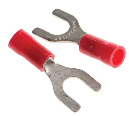 Produktfoto 1 von TE Connectivity PLASTI-GRIP Rot Isoliert Gabelkabelschuh B. 9.53mm, M5 Vinyl 22 AWG 16 AWG