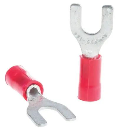 Produktfoto 1 von TE Connectivity PLASTI-GRIP Rot Isoliert Gabelkabelschuh B. 9.53mm, M4 Vinyl 22 AWG 16 AWG