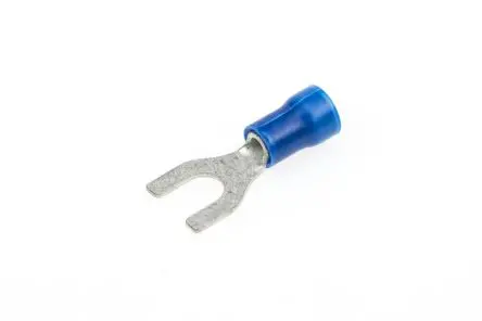 Produktfoto 1 von TE Connectivity PLASTI-GRIP Blau Isoliert Gabelkabelschuh B. 9.78mm, M5 Vinyl 16 AWG 14 AWG