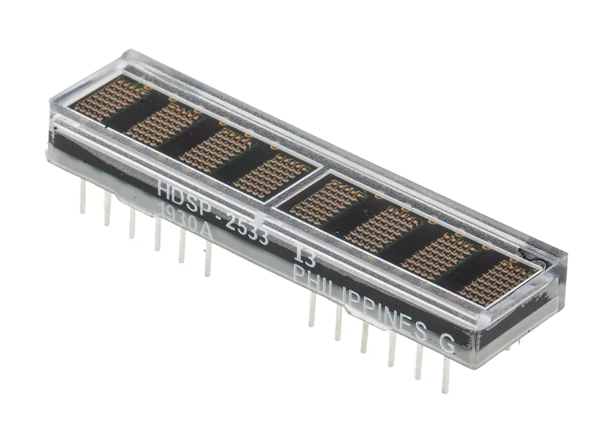 Produktfoto 1 von Broadcom HDSP-253x LED-Anzeige Punktmatrix 8 Zeichen, Grün, Orange, Gelb, Rot 574 nm (Typ.) 7.5mcd Zeichenbreite 2.5 mm