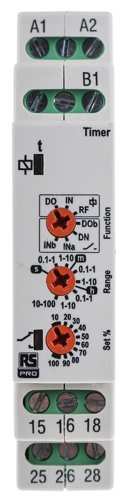 Produktfoto 1 von RS PRO Zeitrelais, DIN-Schienen, 0.1 s → 100h, 12 → 230V ac/dc Multifunktion, 2-poliger Wechsler