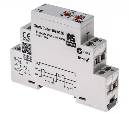 Produktfoto 1 von RS PRO LESW Zeitrelais, DIN-Hutschiene 230 V dc 12V ac, 230 V ac, 0.1 s to 100 h, 1 Kont. 1, 1-poliger Umschalter