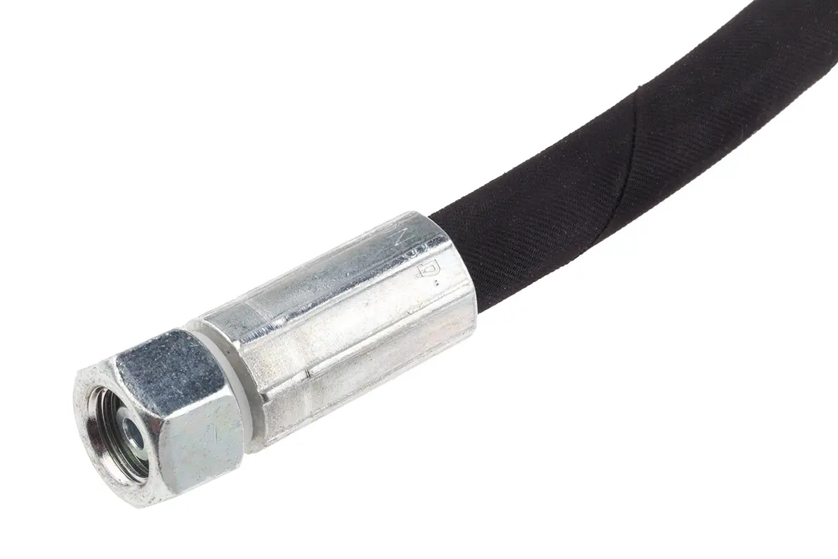 Produktfoto 1 von RS PRO Hydraulikschlauch, konfektioniert Synthetisches Gummi Innen ø 6.35 mm, 962 mm, max. 400 bar, 100 °C, -40 °C