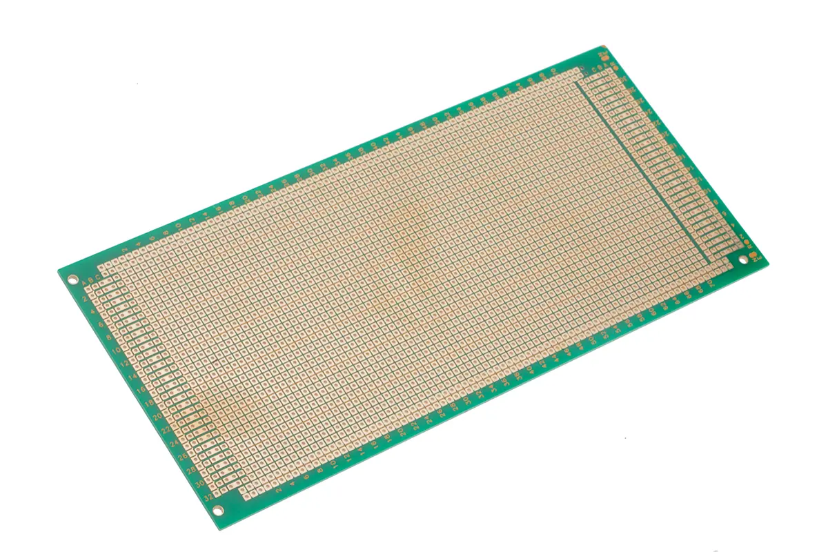 Produktfoto 1 von RS PRO Lochrasterplatine 2, Raster 2.54 mm, PCB-Bohrung 1.02 mm Quadratisches Pad 220 mm Epoxid Glasfaser-Laminat FR4