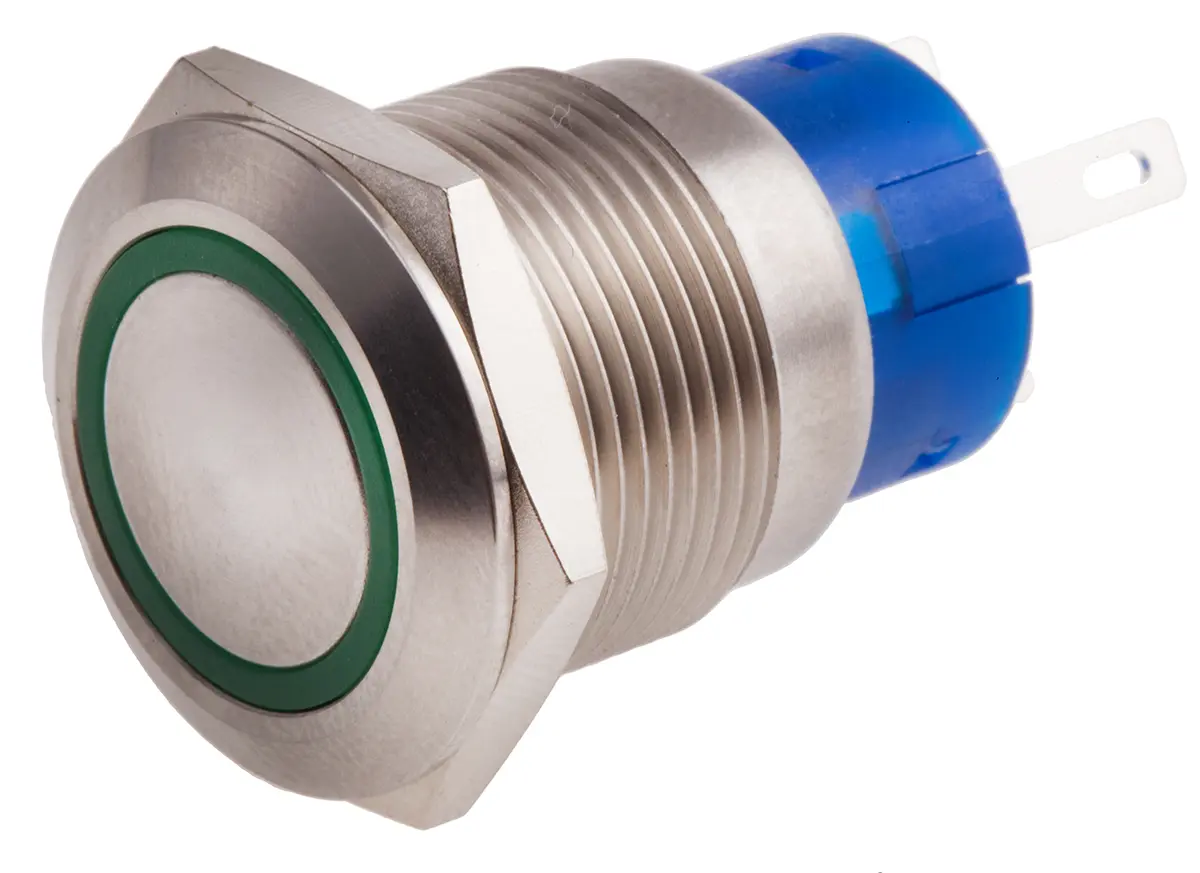 Produktfoto 1 von RS PRO Druckschalter Grün Beleuchtet Tastend Panel Ø 19.2 mm, 1-poliger Umschalter / 5 A 12 V dc 250 V ac, IP40