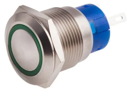 Produktfoto 1 von RS PRO Druckschalter Grün Beleuchtet Tastend Panel Ø 19.2 mm, 1-poliger Umschalter / 5A 12 V dc 250 V ac, IP67