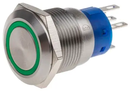 Produktfoto 1 von RS PRO Druckschalter Grün Beleuchtet Rastend Panel Ø 19.2 mm, 1-poliger Umschalter / 5A 250 V ac, IP67