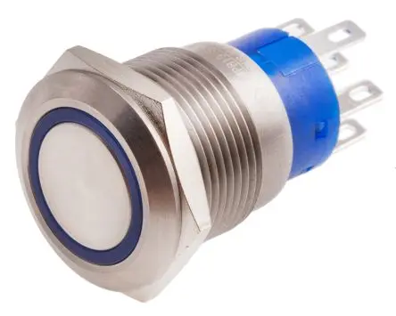 Produktfoto 1 von RS PRO Druckschalter Blau Beleuchtet Tastend Panel Ø 19.2 mm, 2-poliger Umschalter / 5A 12 V dc 250 V ac, IP67
