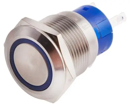 Produktfoto 1 von RS PRO Druckschalter Blau Beleuchtet Rastend Panel Ø 19.2 mm, 1-poliger Umschalter / 5A 12 V dc 250 V ac, IP67