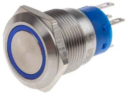 Produktfoto 1 von RS PRO Druckschalter Blau Beleuchtet Tastend Panel Ø 19.2 mm, 1-poliger Umschalter / 5A 250 V ac, IP67