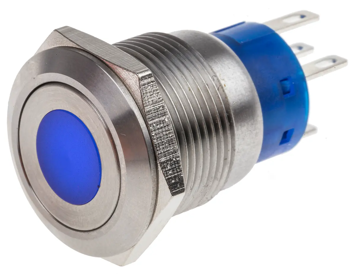 Produktfoto 1 von RS PRO Druckschalter Blau Beleuchtet Rastend Panel Ø 19.2 mm, 1-poliger Umschalter / 5 A 12 V dc 250 V ac, IP40