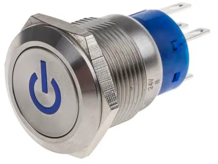 Produktfoto 1 von RS PRO Druckschalter Blau Beleuchtet Rastend Panel Ø 19 mm, 1-poliger Umschalter / 5A 250 V ac, IP67