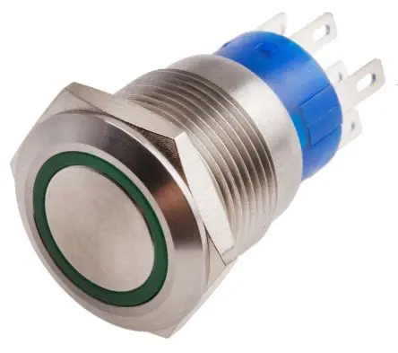 Produktfoto 1 von RS PRO Druckschalter Grün Beleuchtet Tastend Panel Ø 19.2 mm, 2-poliger Umschalter / 5A 12 V dc 250 V ac, IP67
