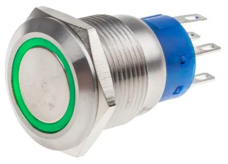 Produktfoto 1 von RS PRO Druckschalter Grün Beleuchtet Rastend Panel Ø 19.2 mm, 2-poliger Umschalter / 5A 12 V dc 250 V ac, IP67