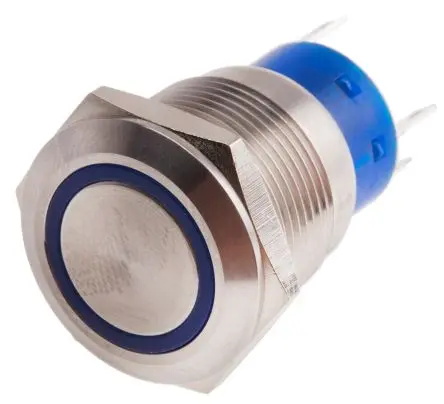 Produktfoto 1 von RS PRO Druckschalter Blau Beleuchtet Tastend Panel Ø 19.2 mm, 1-poliger Umschalter / 5A 12 V dc 250 V ac, IP67