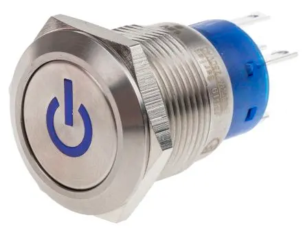Produktfoto 1 von RS PRO Druckschalter Blau Beleuchtet Rastend Panel Ø 19 mm, 1-poliger Umschalter / 5A 250 V ac, IP67