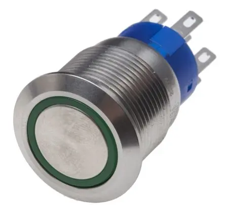 Produktfoto 1 von RS PRO Druckschalter Grün Beleuchtet Tastend Panel Ø 19.2 mm, 2-poliger Umschalter / 5A 12 V dc 250 V ac, IP67