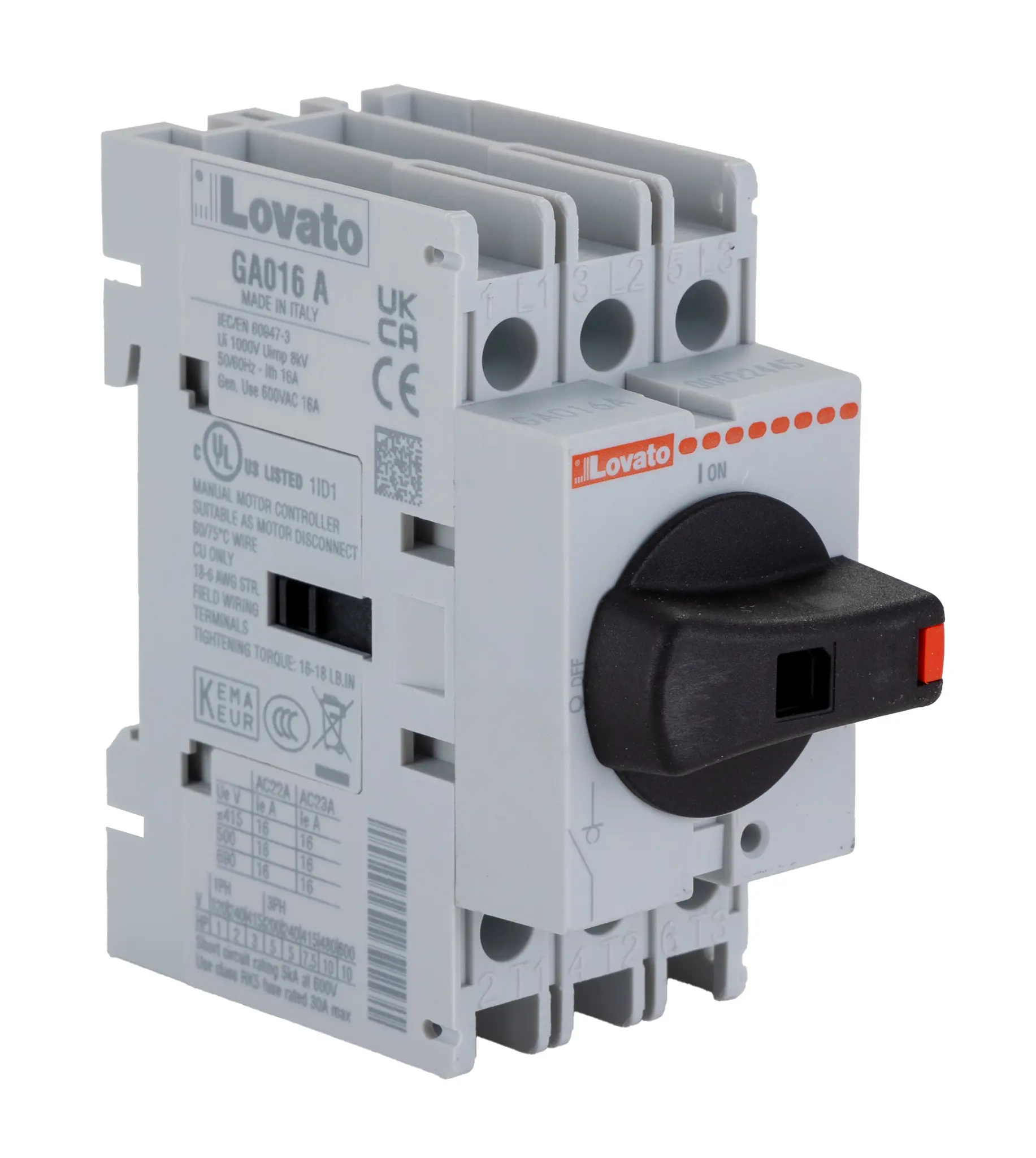 Produktfoto 1 von Lovato GA Trennschalter 3-polig 16A Schwarz IP 65 11kW 690V 3-phasig 3 Schließer