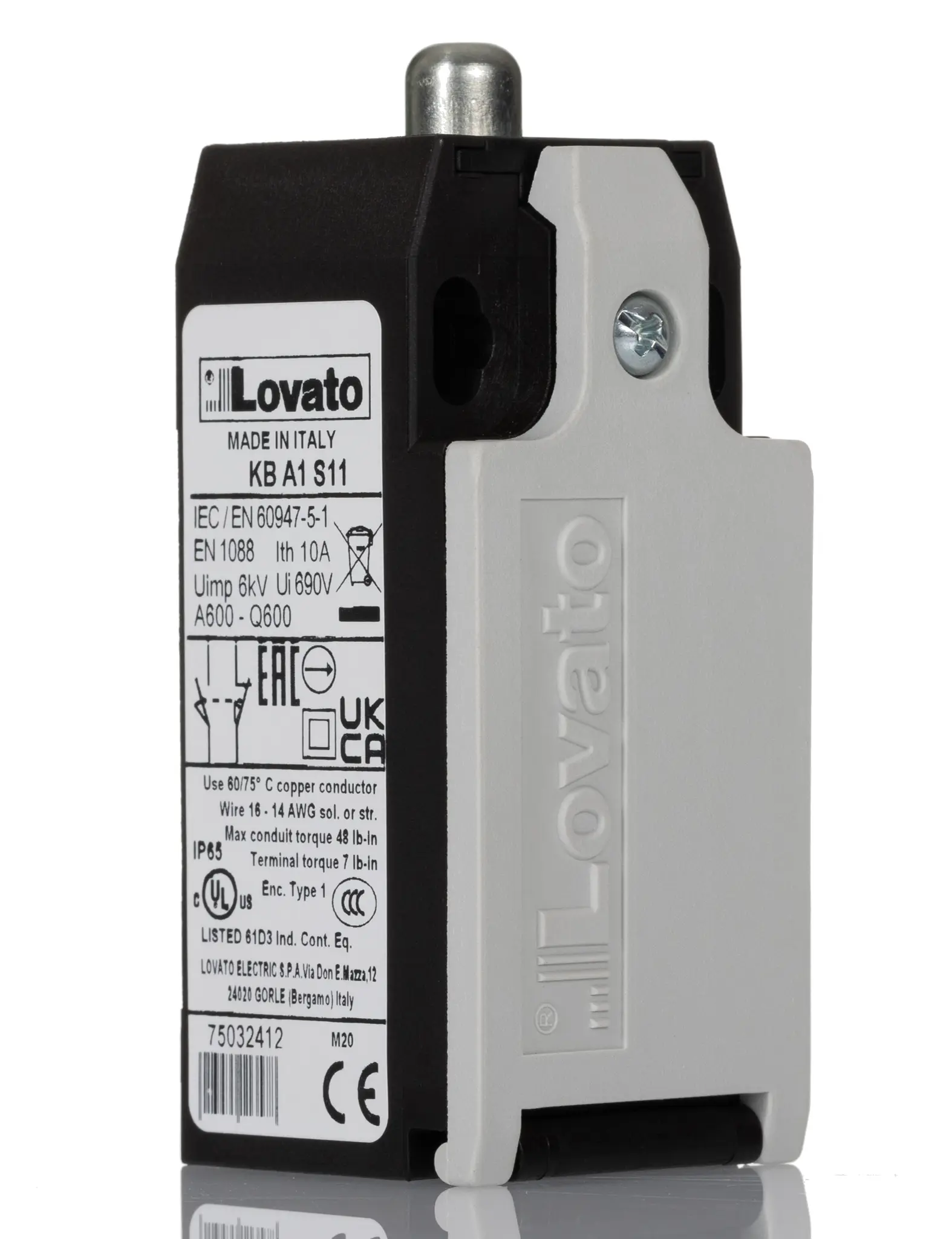 Produktfoto 1 von Lovato K Endschalter, Stößel, SPST-NC, SPST-NO, Schließer/Öffner, IP20, IP65, Thermoplast, 10A Anschluss 1/2 in NPT