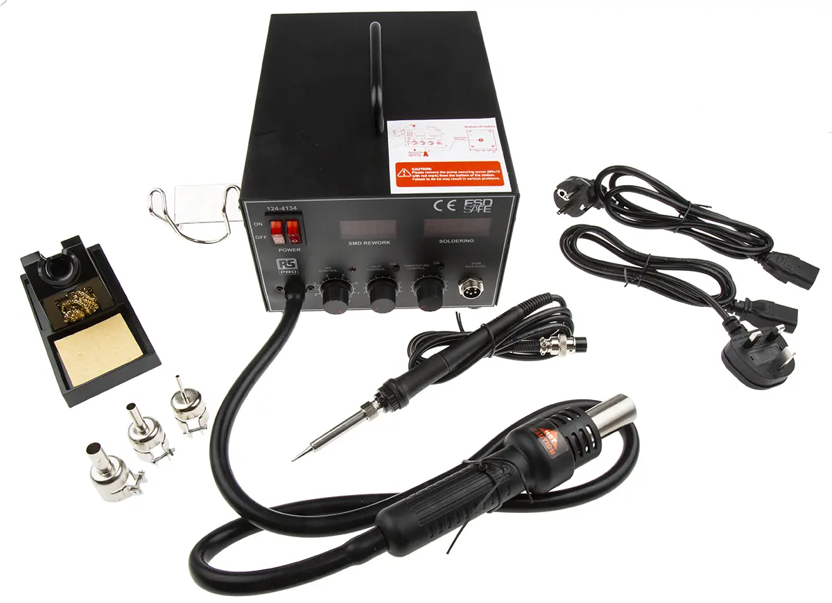 Produktfoto 1 von RS PRO Heißluftstation, Typ F - Schutzkontakt-Stecker, Typ G - UK 3-polig Löten/Entlöten 700W / 220 → 240V,