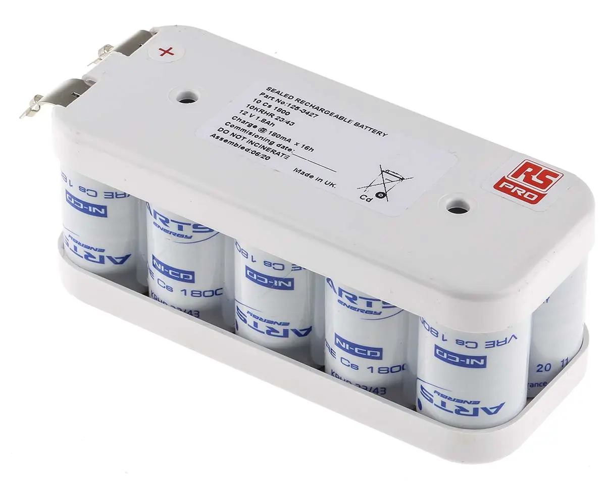 Produktfoto 1 von RS PRO NiCd Akkupack, 10-Zellen CS 12V / 1.8Ah, Löt-Anschluss