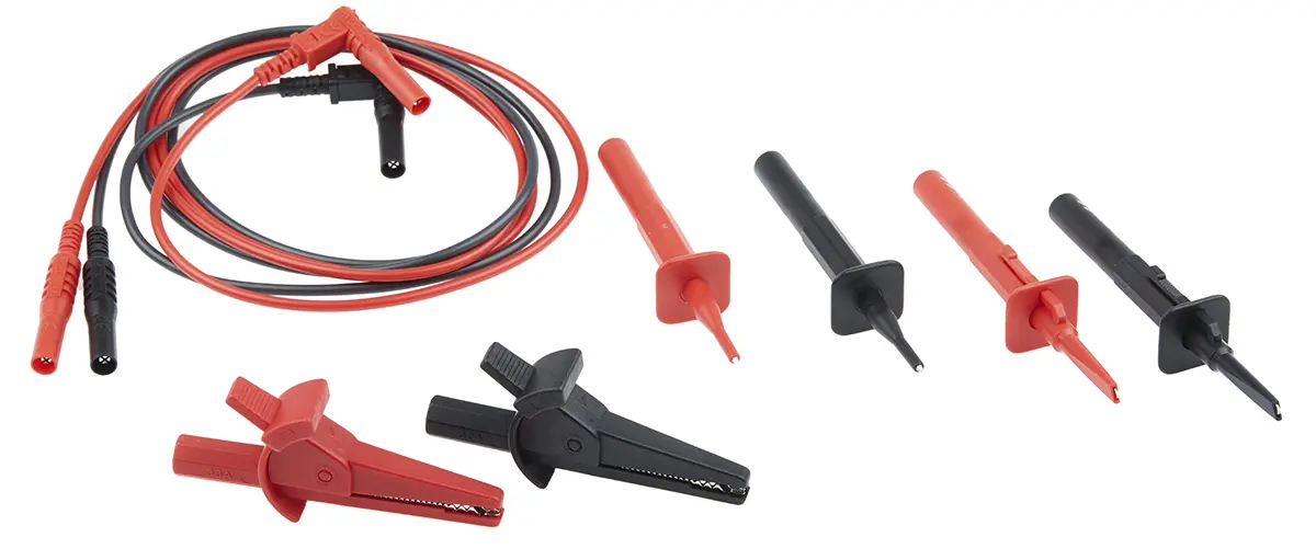 Produktfoto 1 von RS PRO Multimeter-Messleitungen mit Federhaken, Stecker rechtwinklig, Krokodilklemme, Stecker gerade, Testleitung Set