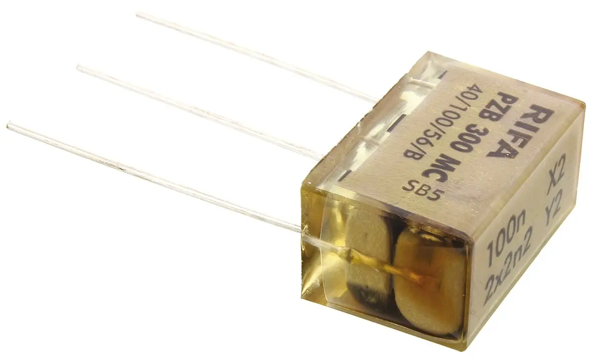 Produktfoto 1 von KEMET PZB300 X2 + 2xY2 Metallpapierkondensator 100nF ±20% / 275V ac, THT Raster 20mm