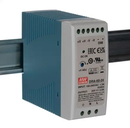 Produktfoto 1 von MEAN WELL DRA DIN-Schienen Netzteil Geschalteter Modus 370 V dc, 264V ac Wechselstrom/Gleichstrom / 2.5 A 30V dc DC 60 W