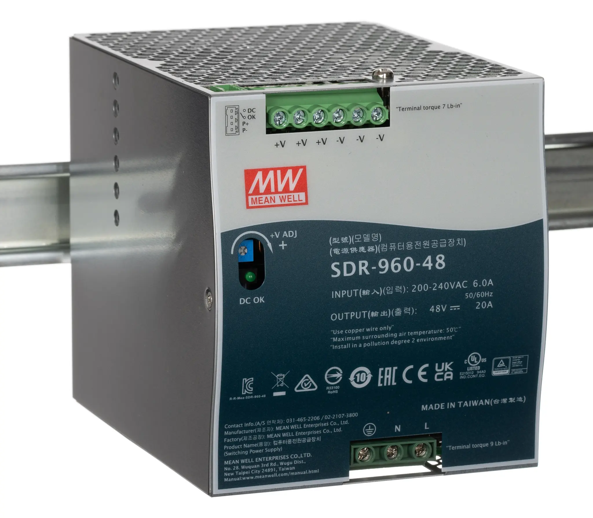 Produktfoto 1 von MEAN WELL SDR DIN-Schienen Netzteil Getaktet 48V dc / 20A 960W 180 → 264V ac