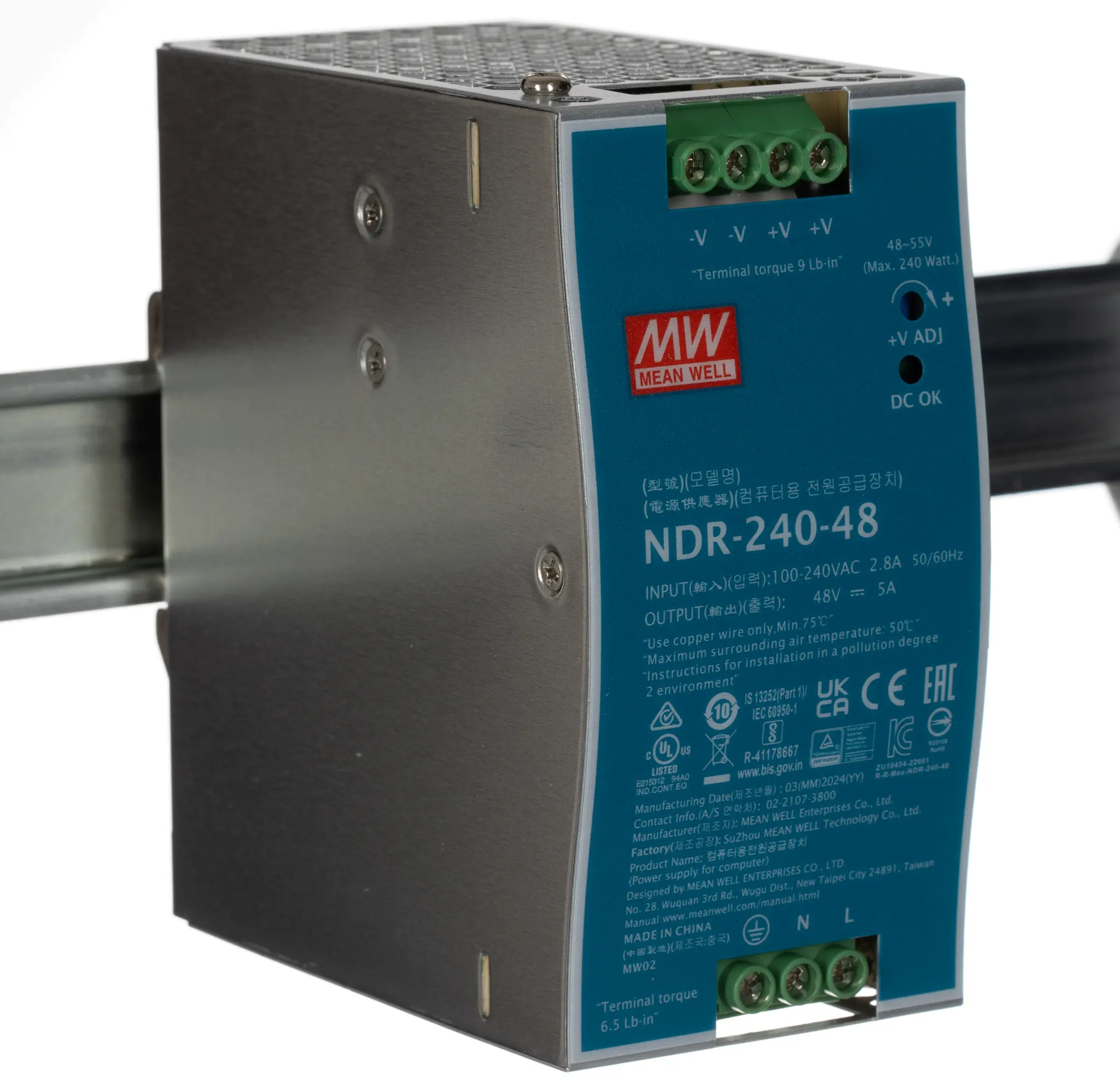 Produktfoto 1 von MEAN WELL NDR DIN-Schienen Netzteil Getaktet 48V dc / 5A 240W 90 → 264V ac