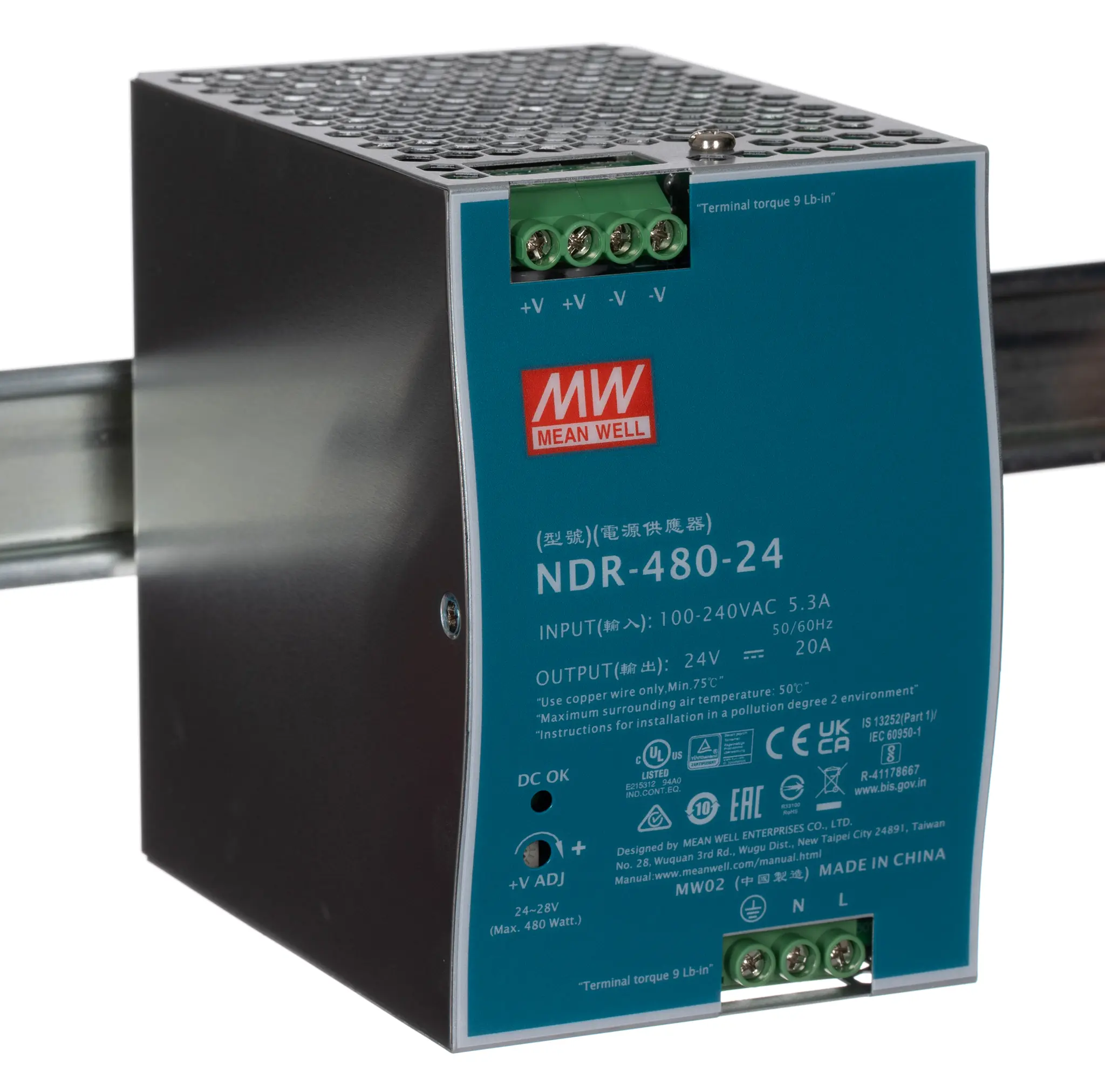 Produktfoto 1 von MEAN WELL NDR DIN-Schienen Netzteil Getaktet 24V dc / 20A 480W 90 → 264V ac