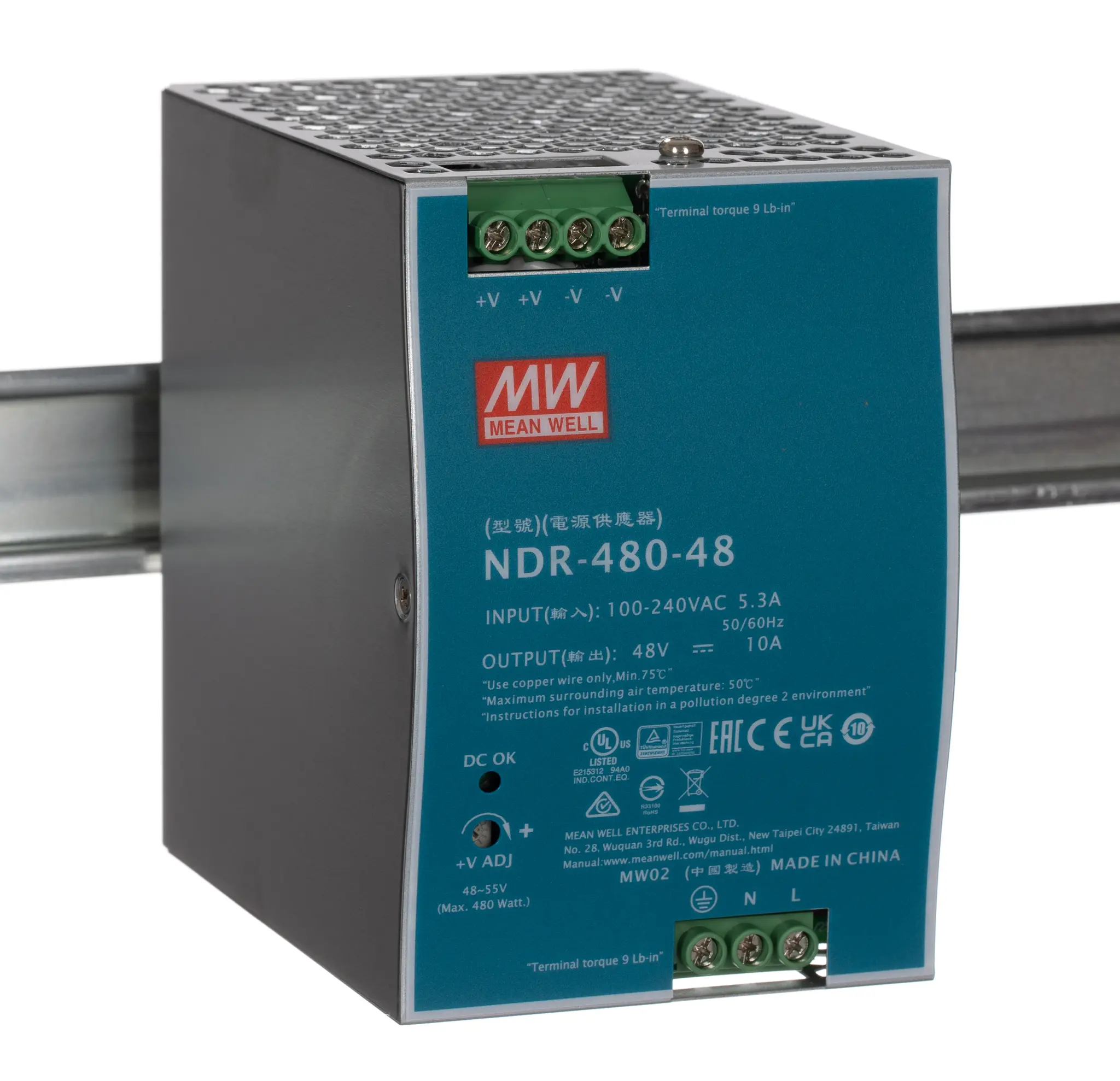 Produktfoto 1 von MEAN WELL NDR DIN-Schienen Netzteil Getaktet 48V dc / 10A 480W 90 → 264V ac