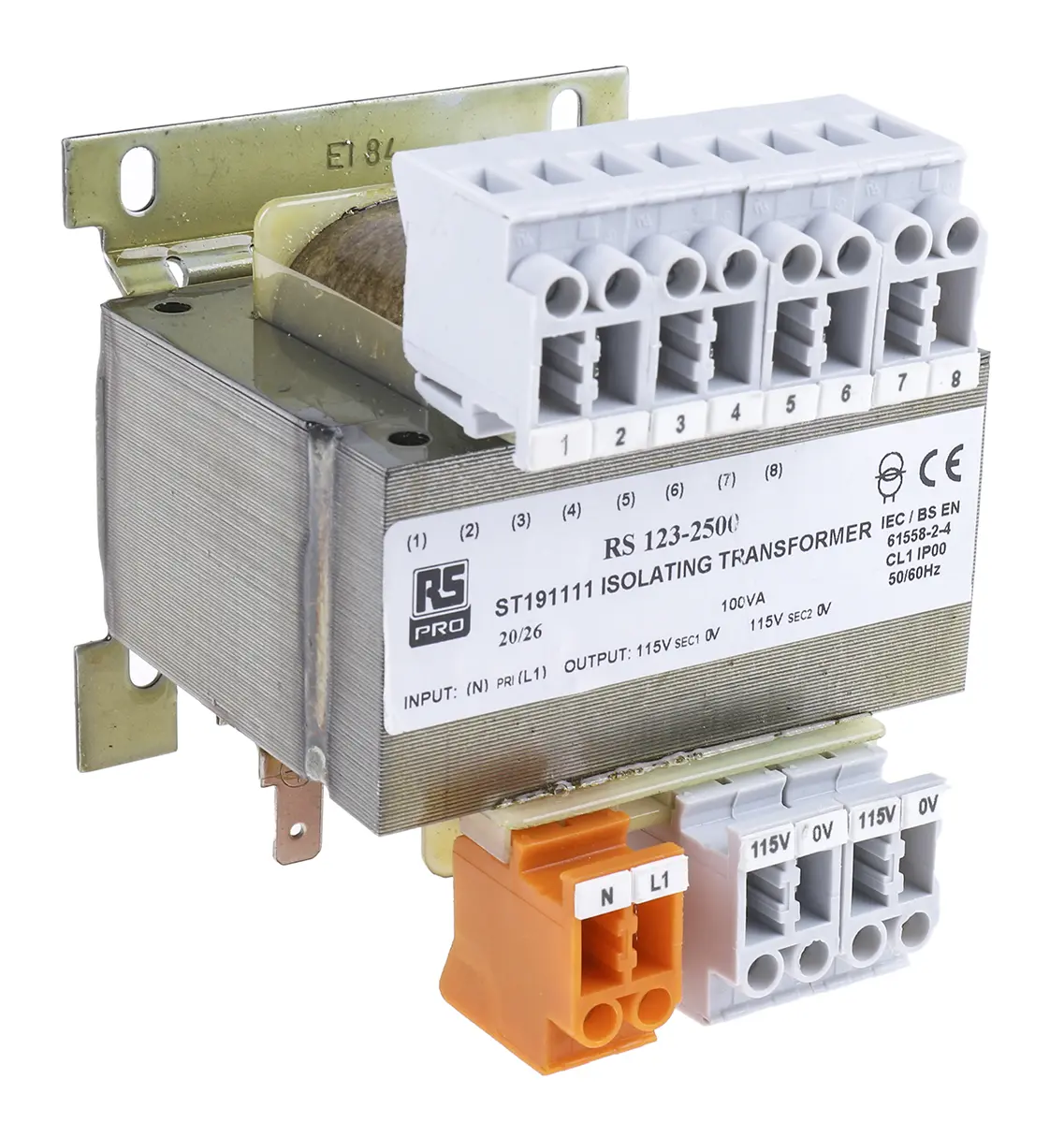 Produktfoto 1 von RS PRO DIN-Schienen-Trafo, 100VA, Primär 230 bis 415 VacV ac / Sekundär 2 x 115V DIN-Schiene, 84mm x 86mm x 95mm