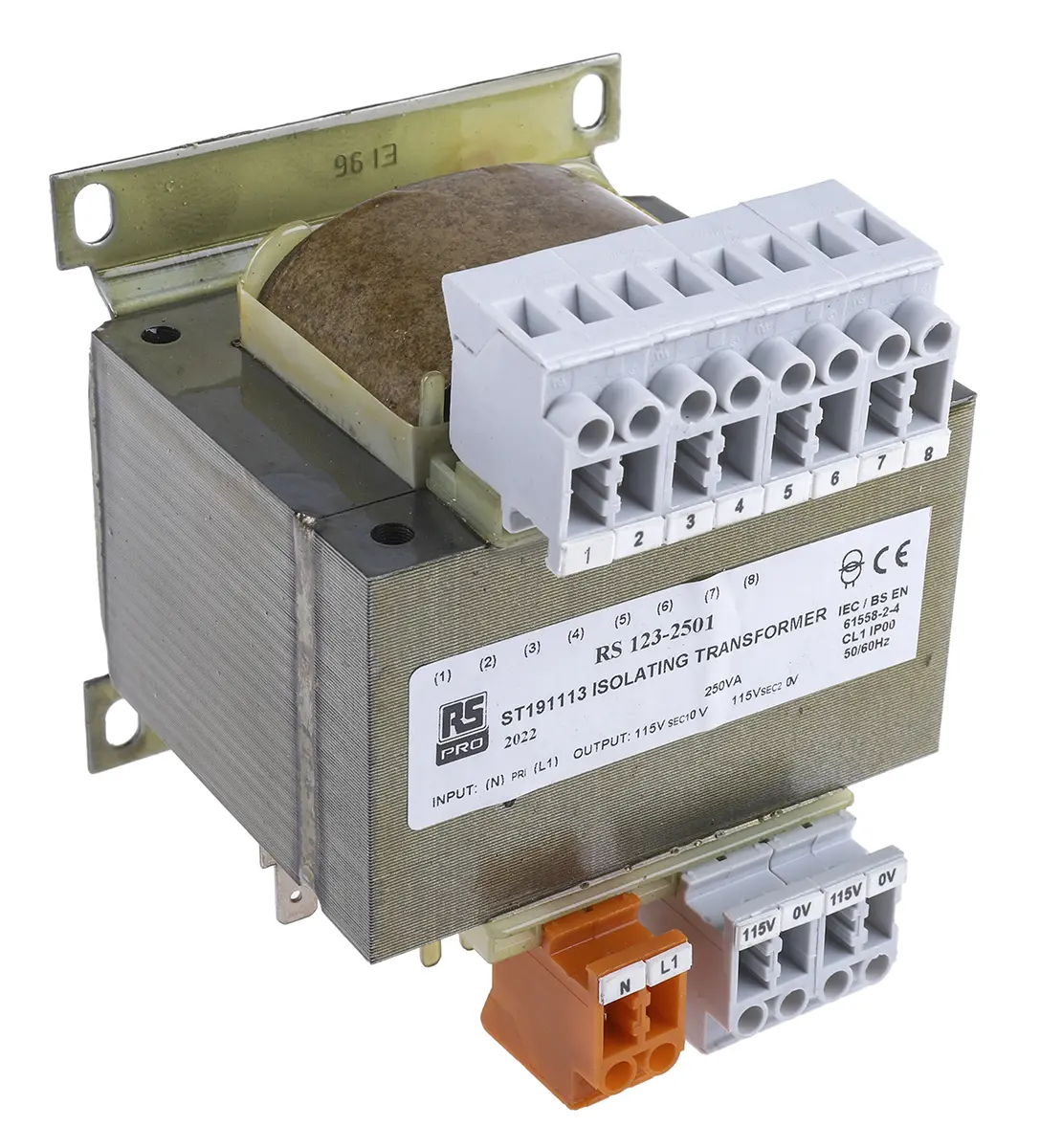 Produktfoto 1 von RS PRO DIN-Schienen-Trafo, 250VA, Primär 230 bis 415 VacV ac / Sekundär 2x115V ac DIN-Schiene, 96mm x 102mm x 110mm