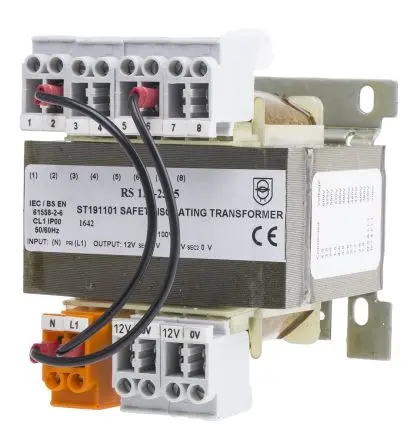 Produktfoto 1 von RS PRO 100 VA DIN-Schienen-Trafo, Primär 208 to 600 V ac / Sekundär 12 V, 2 x 115 V ac DIN-Hutschiene,