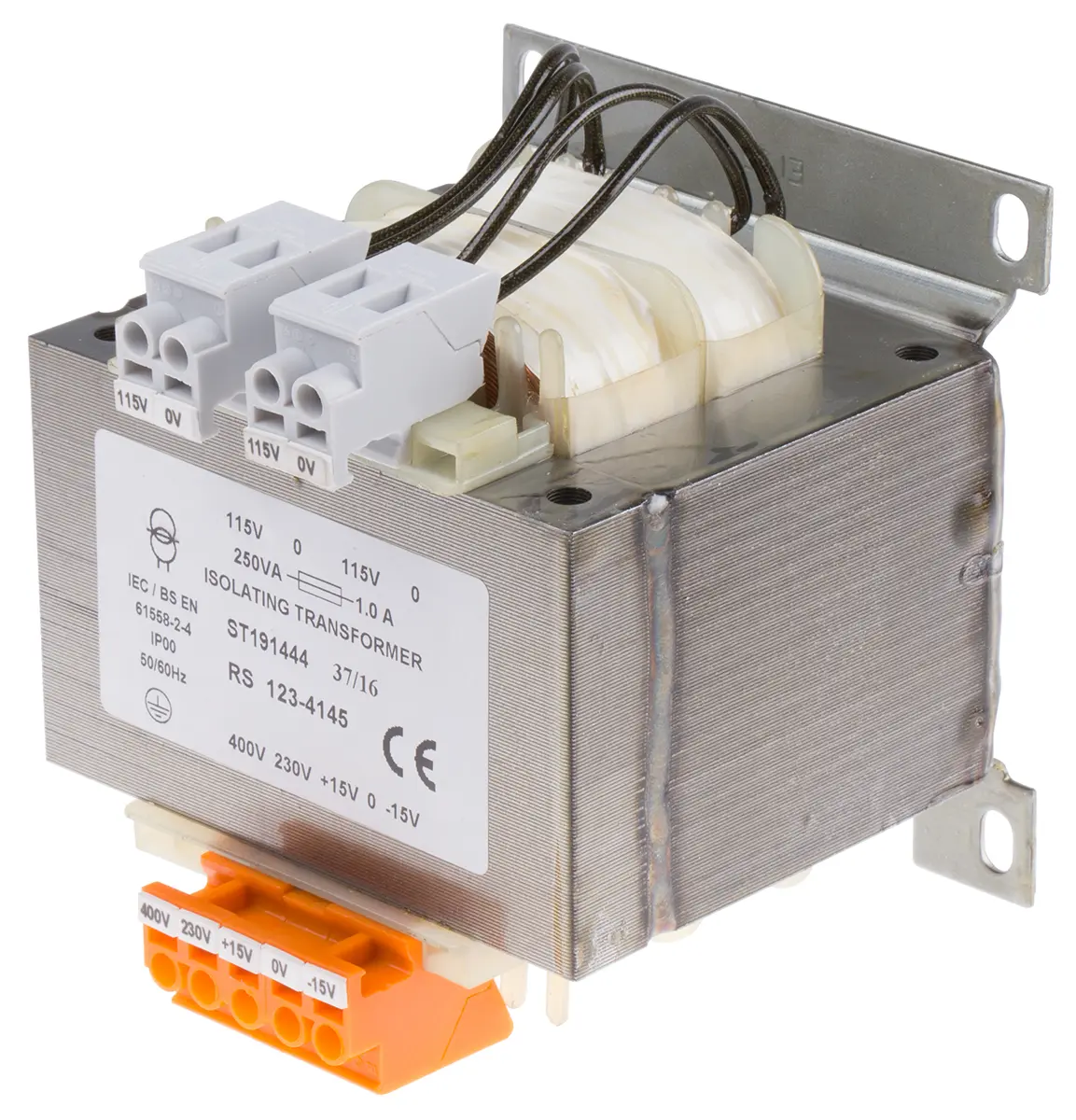 Produktfoto 1 von RS PRO DIN-Schienen-Trafo, 250VA, Primär 230 → 400V ac / Sekundär 2 x 115V ac DIN-Schiene, 96mm x 105mm x 110mm