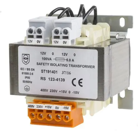 Produktfoto 1 von RS PRO 100 VA DIN-Schienen-Trafo, Primär 230 V ac, 400 V ac / Sekundär 12 V ac DIN-Hutschiene 2 Ausg., 192 mm x 172mm x